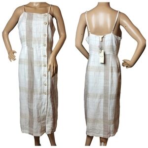 NWT Anthopologie Mo:vint Linen Beige Plaid Sleeveless Button Midi Dress Medium